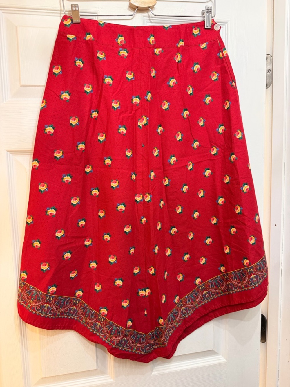 Ralph Lauren Red Floral Midi Skirt with Border Hem and pockets